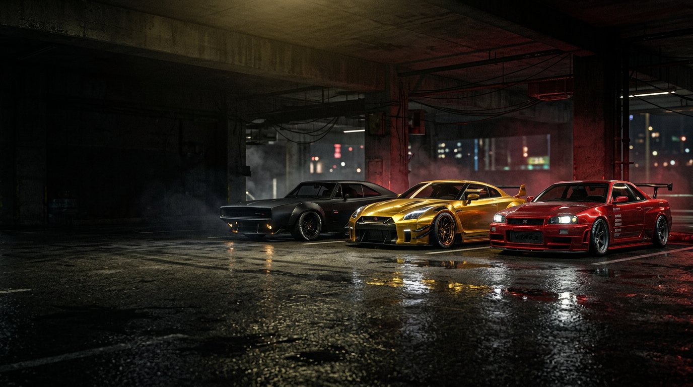 Customized street cars parked in Speed City at night